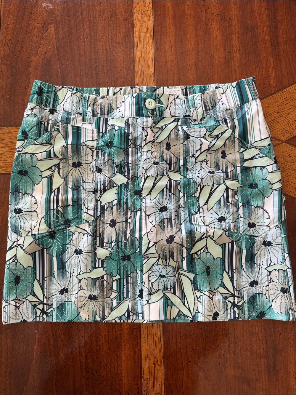 Eddie Bauer Teal, Cream & Black Floral Stripe Mini Skirt
